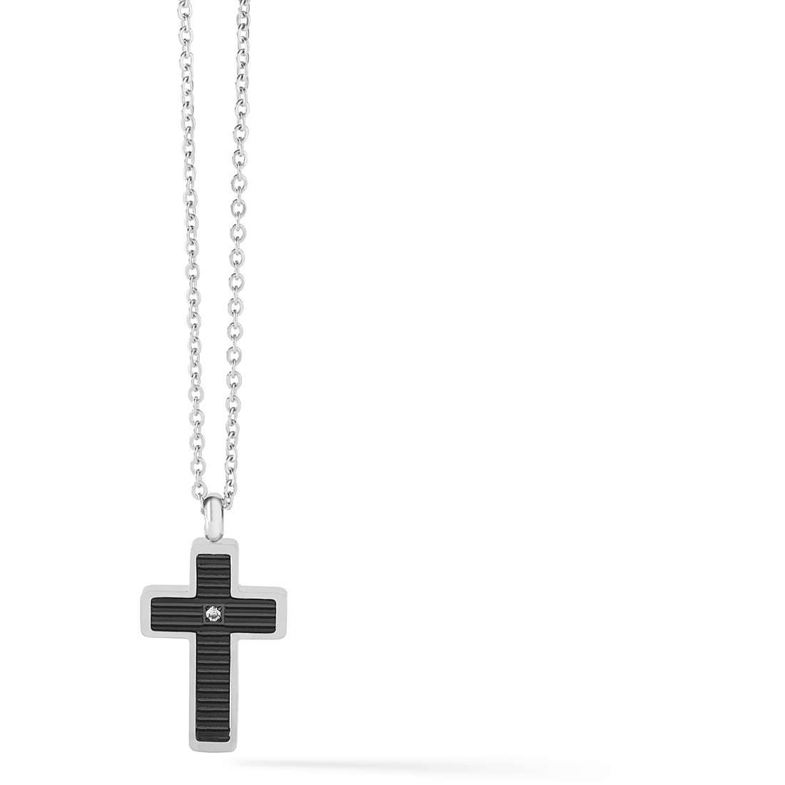 Collana In Acciaio Con Croce PVD Nero Zircone Bianco Uomo Comete Gioielli "Texture" UGL 635