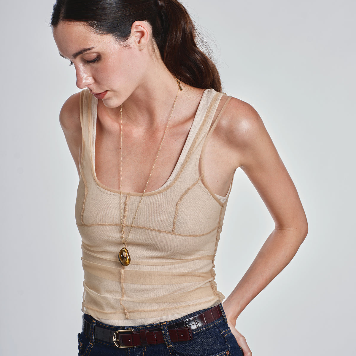Collana In Acciaio Con Finitura PVD Oro 14K E Pendente Con Pietra Occhio Di Tigre Breil Donna "B Rocks" TJ4215