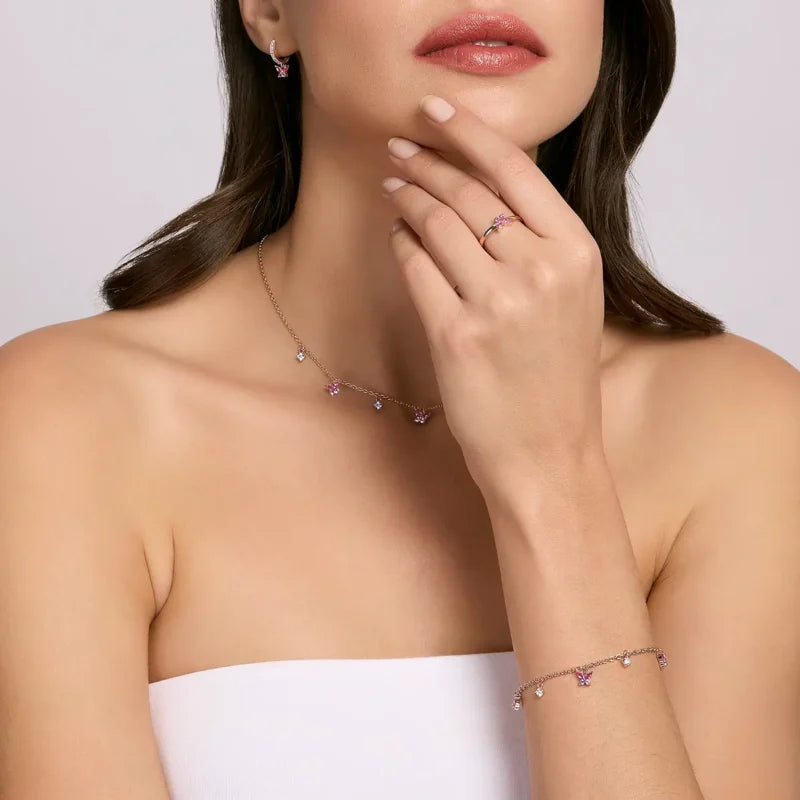 Orecchini A Cerchio Con Farfalle Pendenti In Argento Oro Rosa E Zirconi Mabina Donna "Secret Garden" 563573